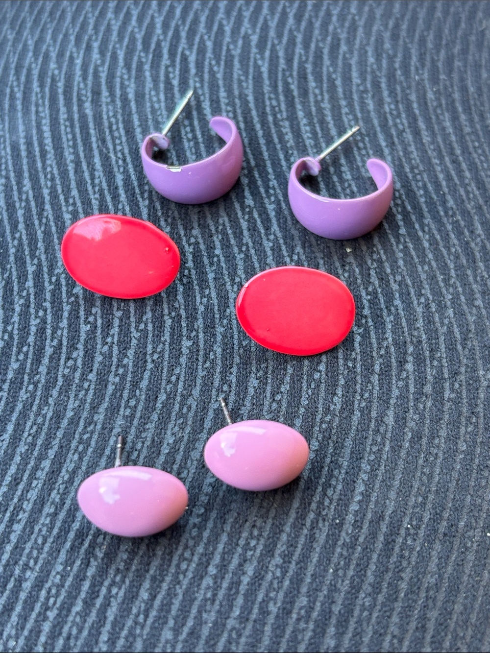 Vintage Colorful Painted Metal Stud and Hoop Earrings 3-Piece Set Pink Lavender